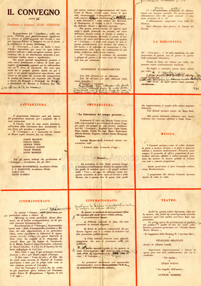 Programma per la stagione 1932-33 del Circolo del convegno”, Anno XII, con annotazioni di Enzo Ferrieri conservato nell’archivio Enzo Ferrieri presso la Fondazione Arnoldo e Alberto Mondadori Milano. Il programma letterario presenta tra gli ospiti lo scrittore russo Vjačeslav Ivanov.